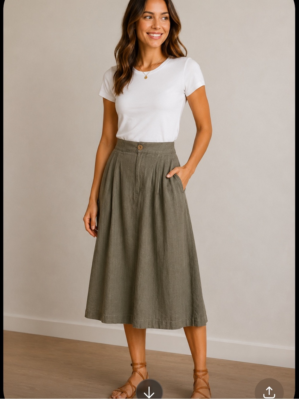 Forever 21 Olive Linen Blend Midi A-line Skirt with Pleats & Pockets